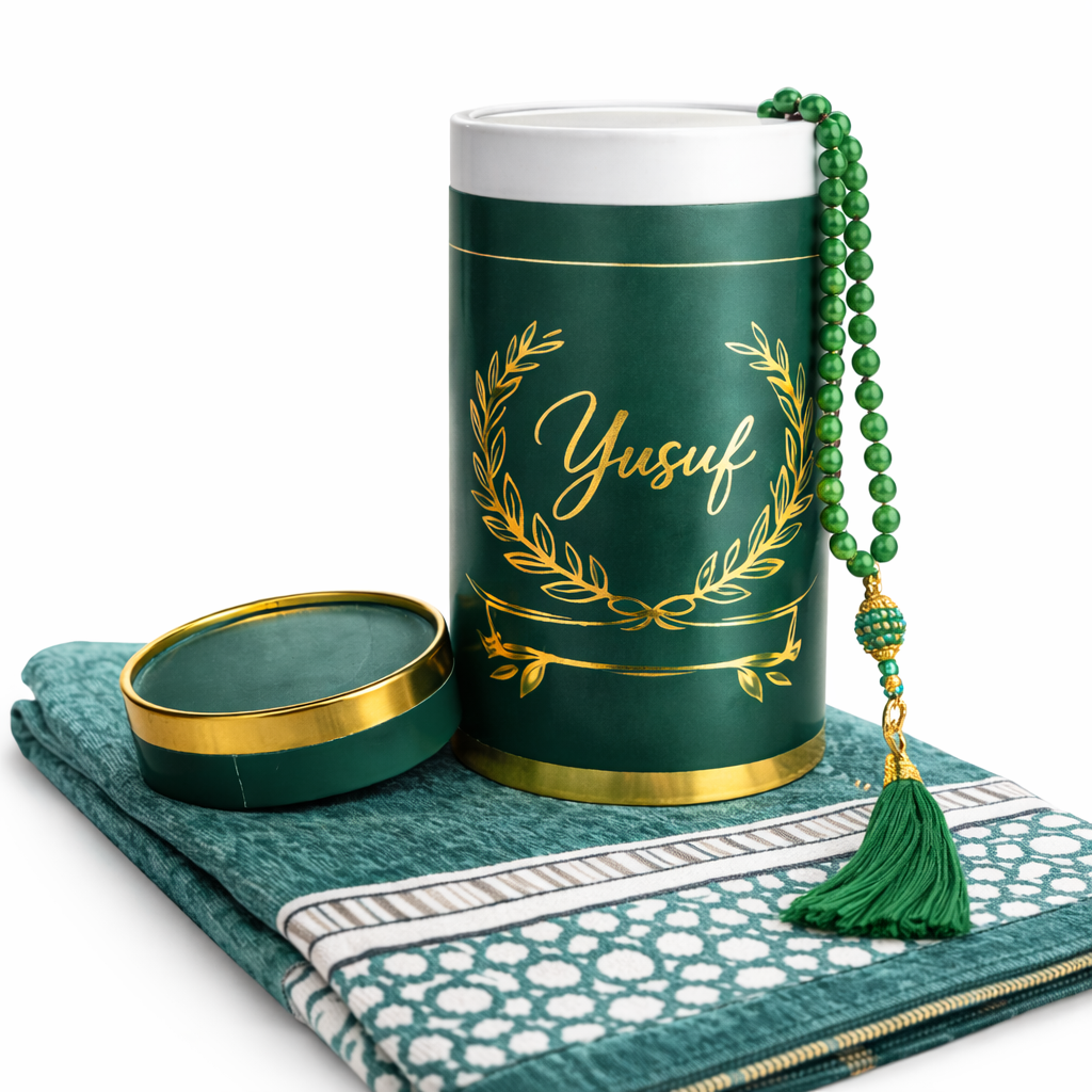Gebedskleed & tasbih in luxe koker, gepersonaliseerd met naam.